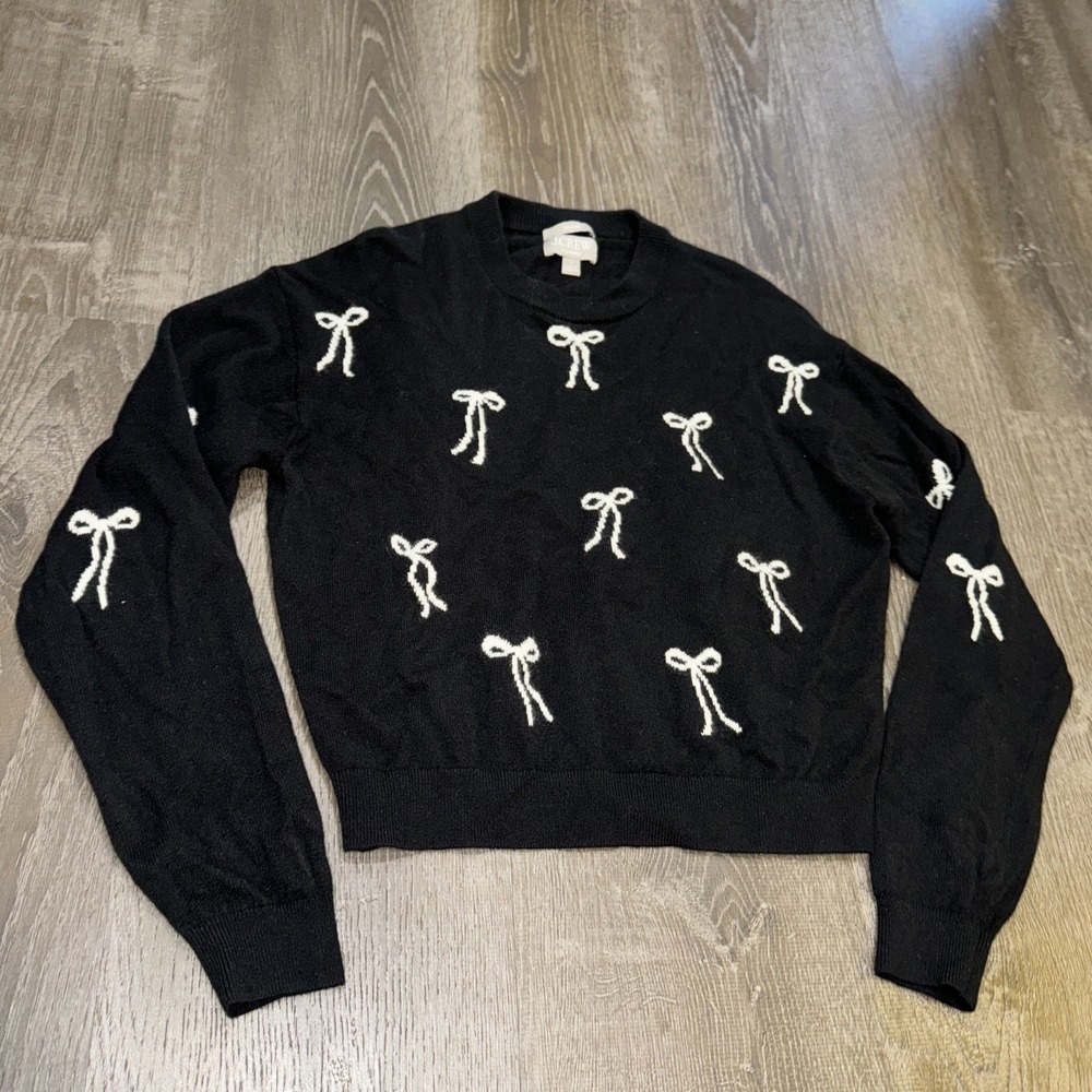 J. Crew Perfect Cashmere Crewneck Sweater Bow Print Small Black White